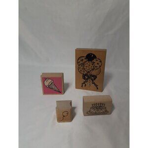 Wood Mounted Stamp Set Lot Birthday Set Card Making, Balloons, Cake, Ice Cream